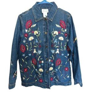 The Quacker Factory Embroidered Denim Jacket Floral & Butterfly Design Size M